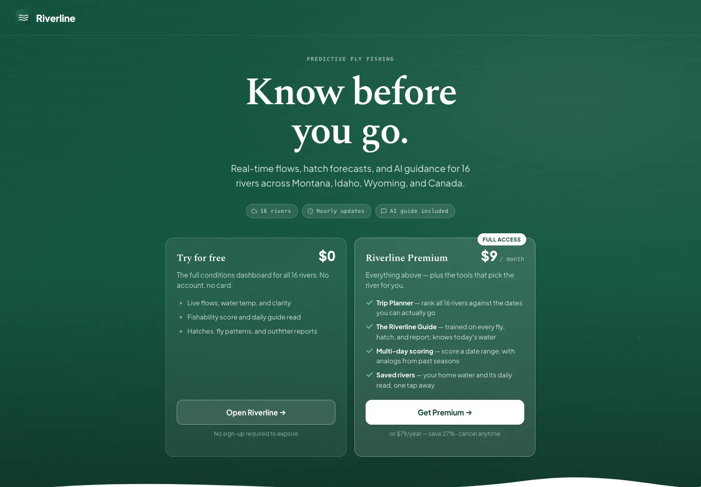 Riverline landing page with the headline Know before you go and free versus premium pricing cards